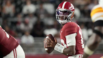 Sep 6, 2025; Tuscaloosa, Alabama, USA;  Alabama quarterback Keelon Russell (12) drops back to pass against UL Monroe at Saban Field at Bryant-Denny Stadium. Alabama defeated UL Monroe 73-0. Mandatory Credit: Gary Cosby Jr.-Imagn Images