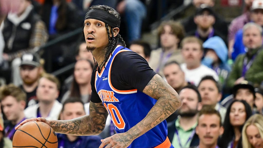 Mar 11, 2026; Salt Lake City, Utah, USA; New York Knicks guard Jordan Clarkson (00) looks to pass during the first half against the Utah Jazz at Delta Center. Mandatory Credit: Peter Creveling-Imagn Images