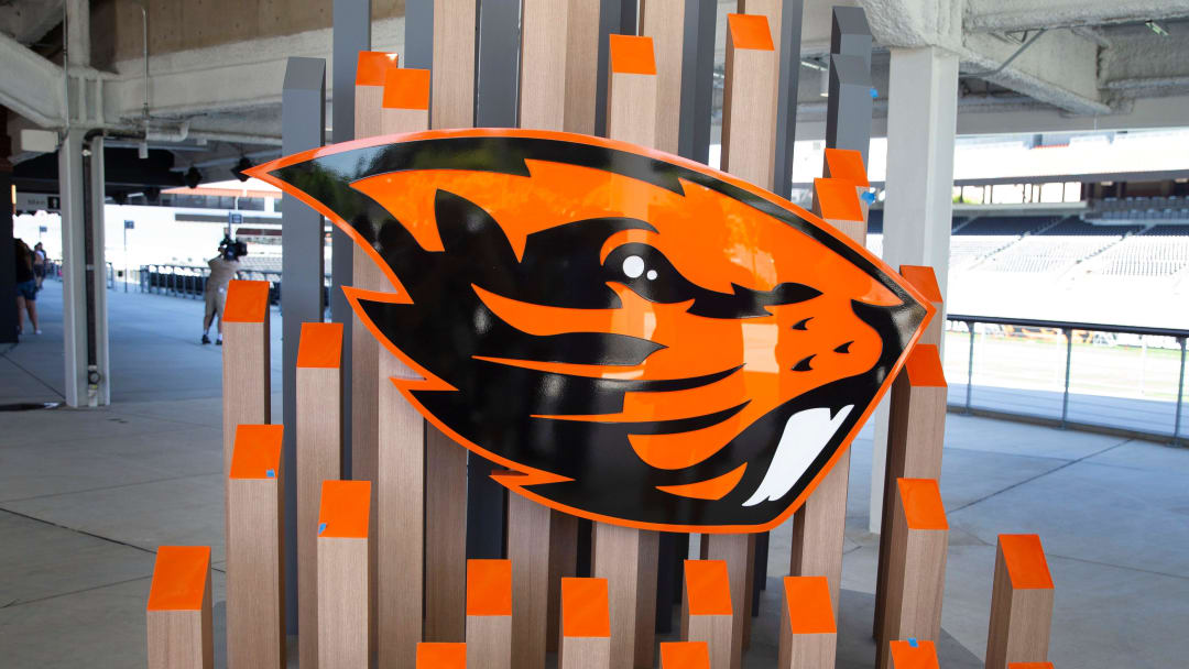 A sculpture of the Oregon State mascot greets visitors to the new addition to Reser Stadium in Corvallis.