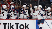 Apr 13, 2025; Washington, District of Columbia, USA; Columbus Blue Jackets left wing Dmitri Voronkov (10) celebrates with teammates after scoring a goal against the Washington Capitals in the third period at Capital One Arena. Mandatory Credit: Geoff Burke-Imagn Images