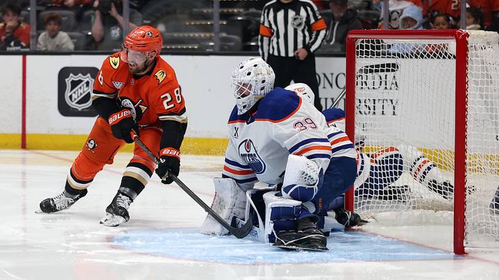 Apr 24, 2026; Anaheim, California, USA;  Anaheim Ducks left wing Jeffrey Viel (28) attacks a goal against Edmonton Oilers goaltender Connor Ingram (39) during the second period of game three of the first round of the 2026 Stanley Cup Playoffs at Honda Center. Mandatory Credit: Kiyoshi Mio-Imagn Images