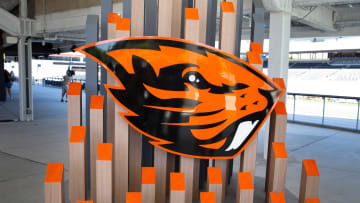 A sculpture of the Oregon State mascot greets visitors to the new addition to Reser Stadium in Corvallis.