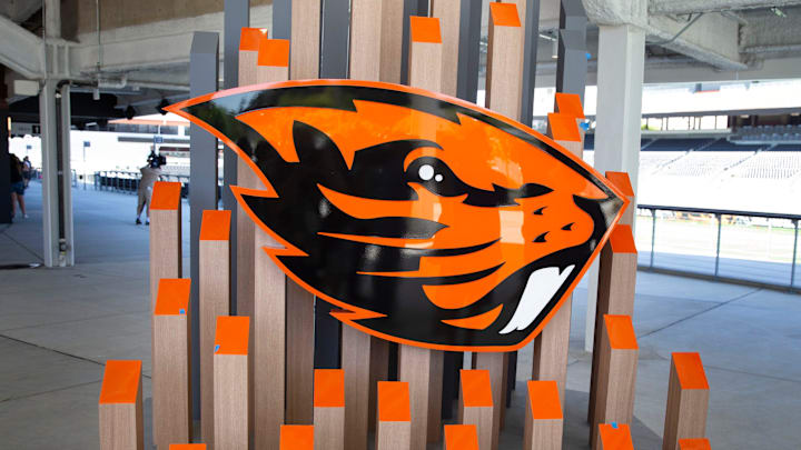 A sculpture of the Oregon State mascot greets visitors to the new addition to Reser Stadium in Corvallis.