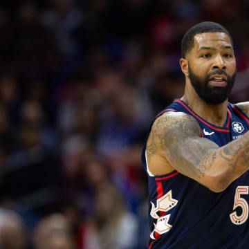 Feb 3, 2024; Philadelphia, Pennsylvania, USA; Philadelphia 76ers forward Marcus Morris Sr. (5) in a game against the Brooklyn Nets during the first quarter at Wells Fargo Center. Mandatory Credit: Bill Streicher-USA TODAY Sports