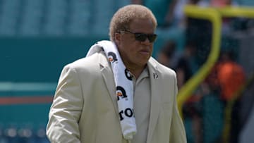 Sep 23, 2018; Miami Gardens, FL, USA; Oakland Raiders general manager Reggie McKenzie reacts during the game against the Miami Dolphins at Hard Rock Stadium. Mandatory Credit: Kirby Lee-Imagn Images