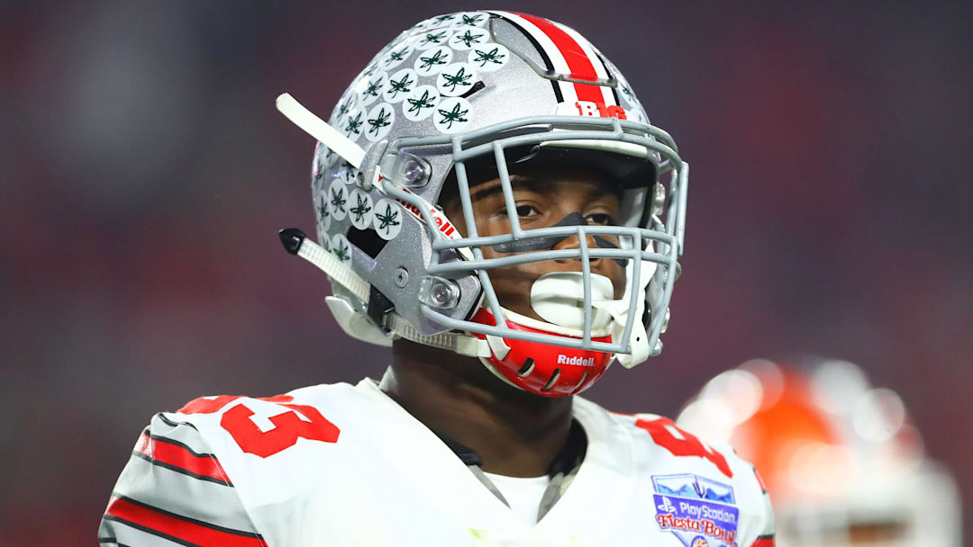 Dec 31, 2016; Glendale, AZ, USA; Ohio State Buckeyes wide receiver Terry McLaurin (83) against the Clemson Tigers during the 2016 CFP semifinal at University of Phoenix Stadium. The Clemson Tigers won the game 31-0. Mandatory Credit: Mark J. Rebilas-Imagn Images