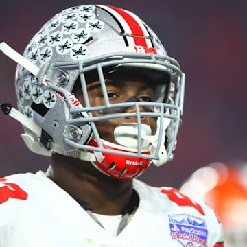 Dec 31, 2016; Glendale, AZ, USA; Ohio State Buckeyes wide receiver Terry McLaurin (83) against the Clemson Tigers during the 2016 CFP semifinal at University of Phoenix Stadium. The Clemson Tigers won the game 31-0. Mandatory Credit: Mark J. Rebilas-Imagn Images