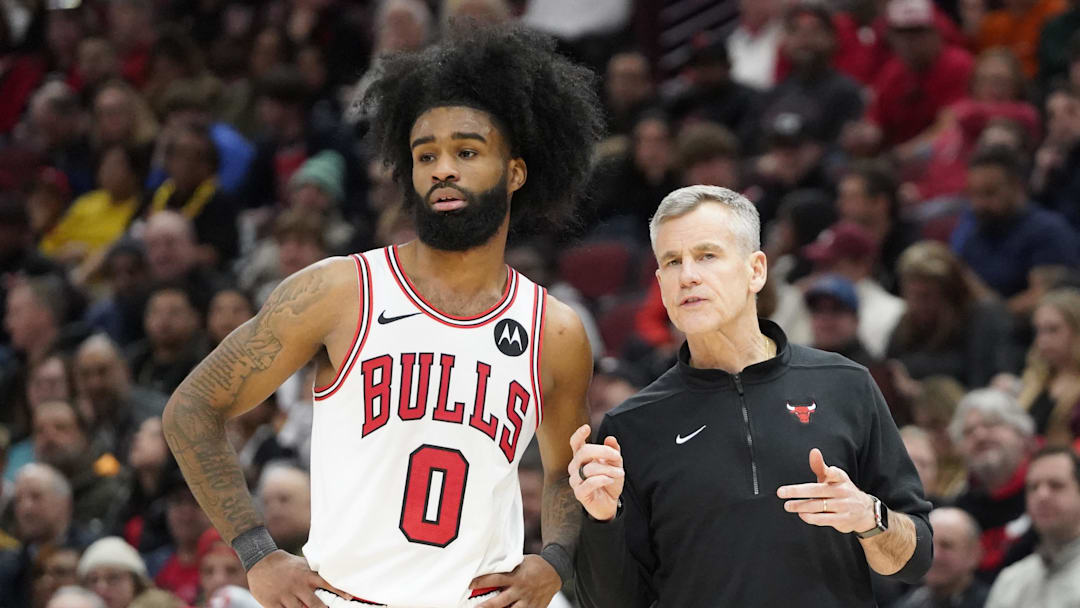 Jan 10, 2024; Chicago, Illinois, USA; Chicago Bulls guard Coby White (0) talks with head coach Billy Donovan during the second half at United Center. Mandatory Credit: David Banks-Imagn Images
