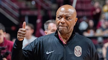 Florida State Seminoles head coach Leonard Hamilton gives a thumbs up to the crowd as he walks onto the court for warmups. The Florida State Seminoles lead the Southern Methodist Mustangs 33-32 at the half on Saturday, March 8, 2025.