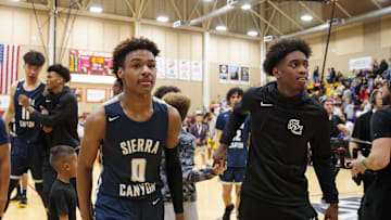 Sierra Canyon School guard LeBron James Jr (0) and teammate Zaire Wade against Millennium High School during the 2019 Hoophall West basketball tournament at Chaparral High School. 