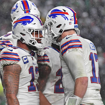Nov 26, 2023; Philadelphia, Pennsylvania, USA; Buffalo Bills wide receiver Gabe Davis (13) celebrates touchdown  with quarterback Josh Allen (17) during the fourth quarter against the Philadelphia Eagles