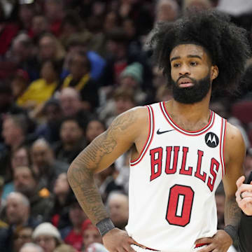 Jan 10, 2024; Chicago, Illinois, USA; Chicago Bulls guard Coby White (0) talks with head coach Billy Donovan during the second half at United Center. Mandatory Credit: David Banks-Imagn Images
