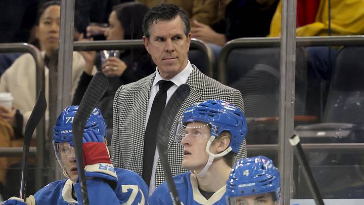 Mar 5, 2026; New York, New York, USA; New York Rangers head coach Mike Sullivan coaches against the Toronto Maple Leafs during the first period at Madison Square Garden. Mandatory Credit: Brad Penner-Imagn Images