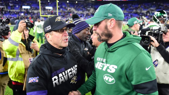 Dec 12, 2019; Baltimore, MD, USA; Baltimore Ravens head coach John Harbaugh (left) shakes hands with New York Jets head coach Adam Gase (right) after the game at M&T Bank Stadium. Mandatory Credit: Evan Habeeb-USA TODAY Sports