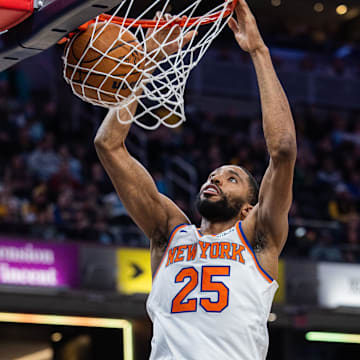 New York Knicks forward Mikal Bridges shoots the ball in the second half against the Indiana Pacers at Gainbridge Fieldhouse. Mandatory Credit: Trevor Ruszkowski-Imagn Images