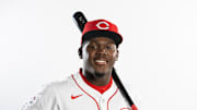 Feb 18, 2025; Goodyear, AZ, USA; Cincinnati Reds outfielder Hector Rodriguez poses for a portrait during Media Day at the Cincinnati Reds Development Complex. Mandatory Credit: Mark J. Rebilas-Imagn Images