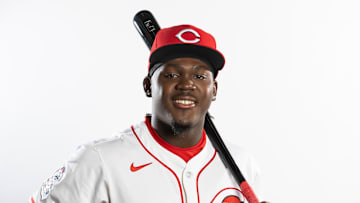 Feb 18, 2025; Goodyear, AZ, USA; Cincinnati Reds outfielder Hector Rodriguez poses for a portrait during Media Day at the Cincinnati Reds Development Complex. Mandatory Credit: Mark J. Rebilas-Imagn Images