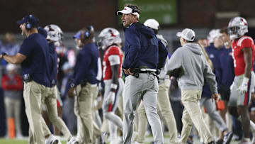 Nov 1, 2025; Oxford, Mississippi, USA; Mississippi Rebels head coach Lane Kiffin looks on during the second quarter  against the South Carolina Gamecocks at Vaught-Hemingway Stadium. Mandatory Credit: Petre Thomas-Imagn Images