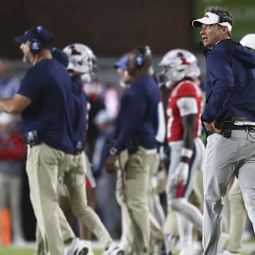 Nov 1, 2025; Oxford, Mississippi, USA; Mississippi Rebels head coach Lane Kiffin looks on during the second quarter  against the South Carolina Gamecocks at Vaught-Hemingway Stadium. Mandatory Credit: Petre Thomas-Imagn Images