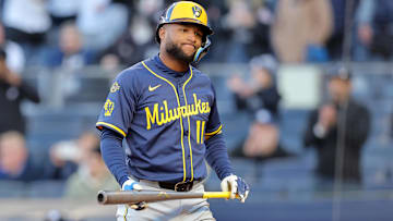 Mar 27, 2025; Bronx, New York, USA; Milwaukee Brewers left fielder Jackson Chourio (11) reacts after his fifth strikeout of the game during the ninth inning against the New York Yankees at Yankee Stadium. Mandatory Credit: Brad Penner-Imagn Images