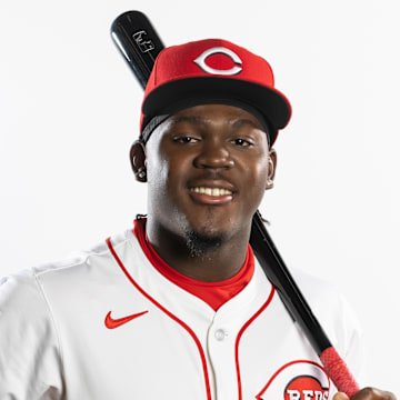 Feb 18, 2025; Goodyear, AZ, USA; Cincinnati Reds outfielder Hector Rodriguez poses for a portrait during Media Day at the Cincinnati Reds Development Complex. Mandatory Credit: Mark J. Rebilas-Imagn Images