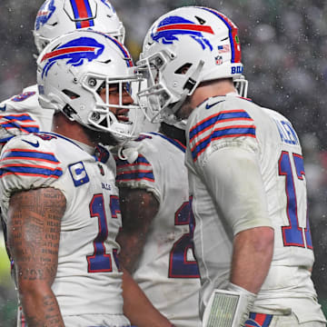 Nov 26, 2023; Philadelphia, Pennsylvania, USA; Buffalo Bills wide receiver Gabe Davis (13) celebrates touchdown  with quarterback Josh Allen (17) during the fourth quarter
