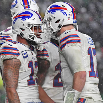 Nov 26, 2023; Philadelphia, Pennsylvania, USA; Buffalo Bills wide receiver Gabe Davis (13) celebrates touchdown  with quarterback Josh Allen (17)