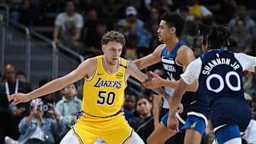 Oct 4, 2024; Palm Desert, California, USA; Los Angeles Lakers center Kylor Kelley (50) defends against the Minnesota Timberwolves during the second half at Acrisure Arena. Mandatory Credit: Jonathan Hui-Imagn Images