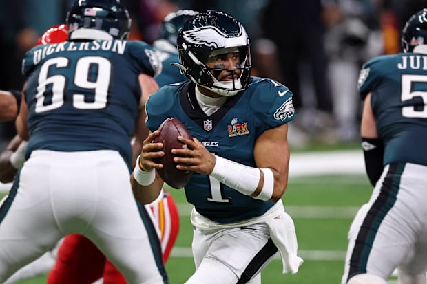 Former Alabama Crimson Tide quarterback Jalen Hurts of the Philadelphia Eagles in Super Bowl LIX. 