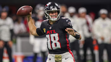 Nov 3, 2024; Atlanta, Georgia, USA; Atlanta Falcons quarterback Kirk Cousins (18) throws a pass against the Dallas Cowboys in the fourth quarter at Mercedes-Benz Stadium. Mandatory Credit: Brett Davis-Imagn Images