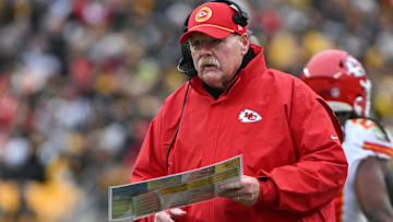 Kansas City Chiefs head coach Andy Reid reacts against the Pittsburgh Steelers during the second half at Acrisure Stadium.