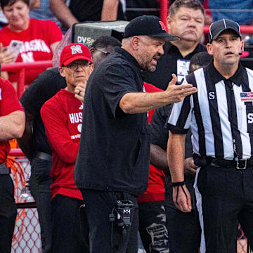 Sep 14, 2024; Lincoln, Nebraska, USA; Nebraska Cornhuskers head coach Matt Rhule talks with an official during the first quarter against the Northern Iowa Panthers at Memorial Stadium.