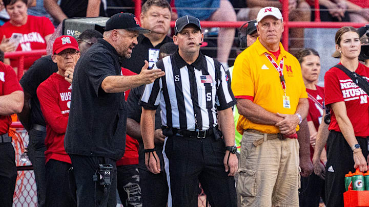 Sep 14, 2024; Lincoln, Nebraska, USA; Nebraska Cornhuskers head coach Matt Rhule talks with an official during the first quarter against the Northern Iowa Panthers at Memorial Stadium.