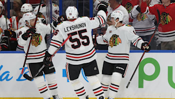 Oct 23, 2025; Tampa, Florida, USA; Chicago Blackhawks center Ryan Donato (8) is  congratulated  after he scored a goal against the Tampa Bay Lightning during the second period at Benchmark International Arena. Mandatory Credit: Kim Klement Neitzel-Imagn Images