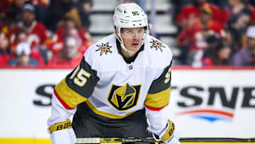 Apr 15, 2025; Calgary, Alberta, CAN; Vegas Golden Knights right wing Victor Olofsson (95) against the Calgary Flames during the first period at Scotiabank Saddledome. Mandatory Credit: Sergei Belski-Imagn Images