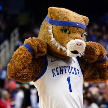 Mar 17, 2023; Greensboro, NC, USA; The Kentucky Wildcats mascot performs in the first half against the Providence Friars at Greensboro Coliseum. Mandatory Credit: John David Mercer-USA TODAY Sports