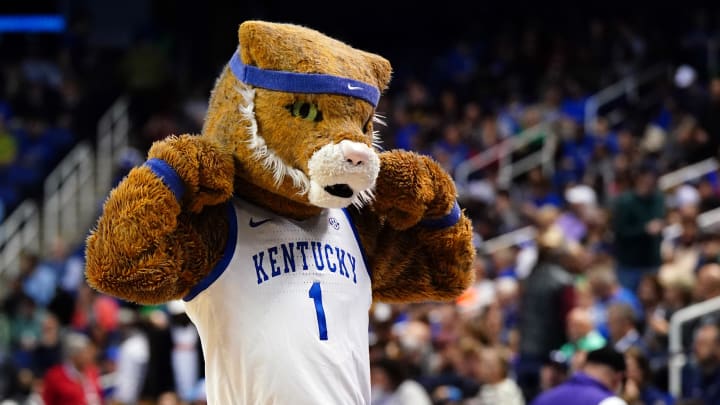 Mar 17, 2023; Greensboro, NC, USA; The Kentucky Wildcats mascot performs in the first half against the Providence Friars at Greensboro Coliseum. Mandatory Credit: John David Mercer-USA TODAY Sports