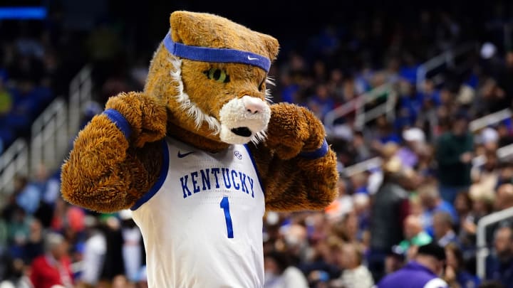 Mar 17, 2023; Greensboro, NC, USA; The Kentucky Wildcats mascot performs in the first half against the Providence Friars at Greensboro Coliseum. Mandatory Credit: John David Mercer-USA TODAY Sports