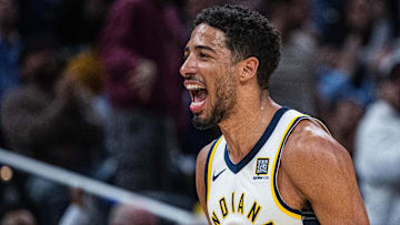 Feb 26, 2025; Indianapolis, Indiana, USA; Indiana Pacers guard Tyrese Haliburton (0) celebrates a made basket in the first half against the Toronto Raptors at Gainbridge Fieldhouse. Mandatory Credit: Trevor Ruszkowski-Imagn Images