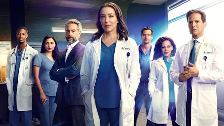 L-R: Patrick Walker, Anya Banerjee, Omar Metwally, Molly Parker, Jon Ecker, Amirah Vann, and Scott Wolf in Doc season 1 poster