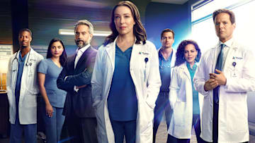 L-R: Patrick Walker, Anya Banerjee, Omar Metwally, Molly Parker, Jon Ecker, Amirah Vann, and Scott Wolf in Doc season 1 poster