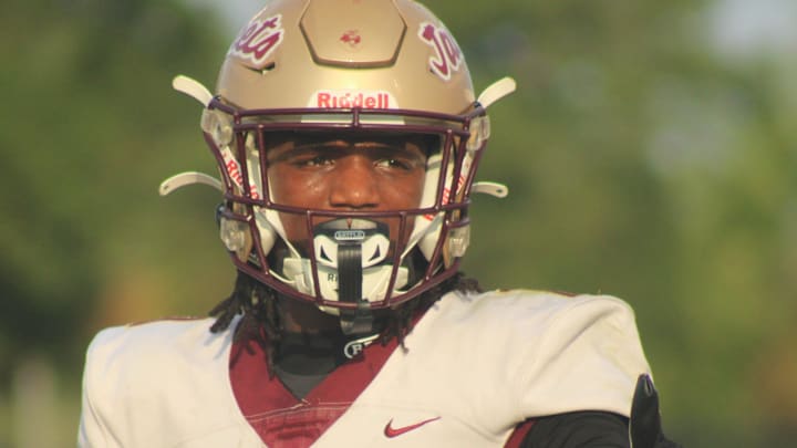 St. Augustine wide receiver Somourian Wingo (1) responds to a signal from the sideline with a thumbs-up against Bishop Kenny during a high school spring football game on May 21, 2025. [Clayton Freeman/Florida Times-Union]