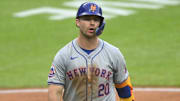 May 20, 2024; Cleveland, Ohio, USA; New York Mets first baseman Pete Alonso (20) reacts after striking out in the eighth inning against the Cleveland Guardians at Progressive Field. Mandatory Credit: David Richard-Imagn Images