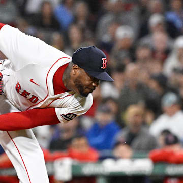 Boston Red Sox relief pitcher Aroldis Chapman (44) pitches against the Tampa Bay Rays during the ninth inning at Fenway Park on July 10. 