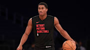 Nov 30, 2023; New York, New York, USA; Detroit Pistons guard Jaden Ivey (23) warms up before the game against the New York Knicks at Madison Square Garden. Mandatory Credit: Vincent Carchietta-Imagn Images