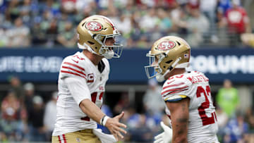 Sep 7, 2025; Seattle, Washington, USA; San Francisco 49ers quarterback Brock Purdy celebrates after throwing a touchdown pass against the Seattle Seahawks during the fourth quarter at Lumen Field. Mandatory Credit: Joe Nicholson-Imagn Images