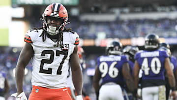 Nov 12, 2023; Baltimore, Maryland, USA;  Cleveland Browns running back Kareem Hunt (27) reacts after