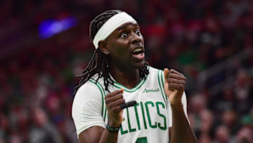 Apr 20, 2025; Boston, Massachusetts, USA; Boston Celtics guard Jrue Holiday (4) reacts after a play during the second against the Orlando Magic at TD Garden. Mandatory Credit: Bob DeChiara-Imagn Images