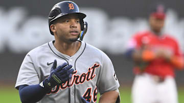 Tigers right fielder Wenceel Perez celebrates his solo home run in the first inning against the Guardians at Progressive Field.
