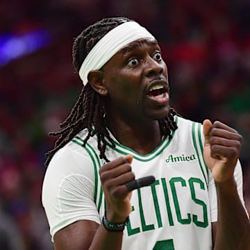 Apr 20, 2025; Boston, Massachusetts, USA; Boston Celtics guard Jrue Holiday (4) reacts after a play during the second against the Orlando Magic at TD Garden. Mandatory Credit: Bob DeChiara-Imagn Images